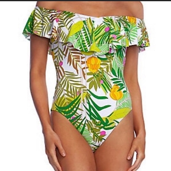 Trina Turk Other - 🌴🍍🌸$154 TRINA TURK Green Tropical Print Off Shoulder Ruffle Swimsuit Size 8